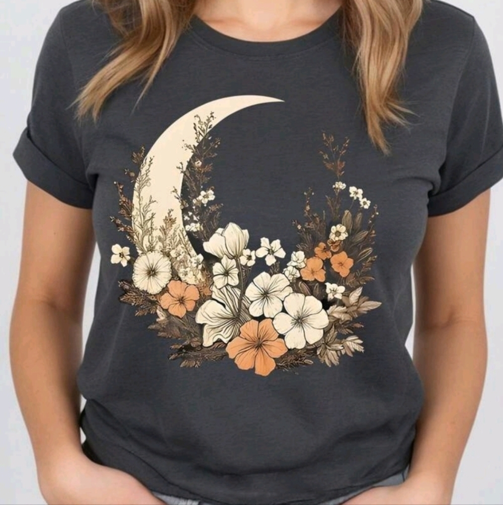 Like new crescent moon star floral grey women's shirt witch cute XL top cut blac